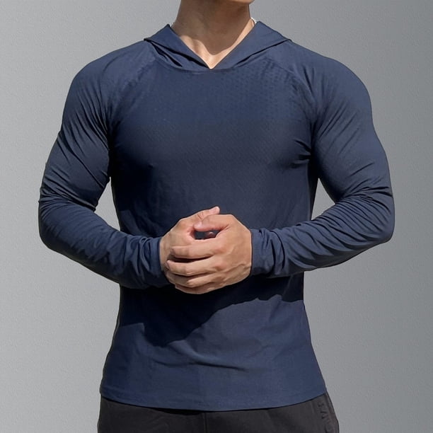 pstuiky camisetas de manga larga para hombre, Sudadera con capucha fina de manga larga para hombre, para fitness, exteriores, correr, otoño, transpirable y de secado rápido l