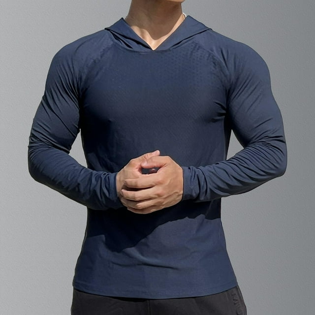 pstuiky camisetas de manga larga para hombre, Sudadera con capucha fina de manga larga para hombre, para fitness, exteriores, correr, otoño, transpirable y de secado rápido l