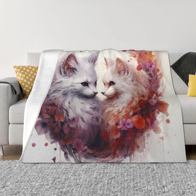 Cauagu White Red Cat Couple Pattern Fleece Throw Blanket, Horizontal Fleece Bedding Home Decor for Couch & Bed All Season Use-60"x50"