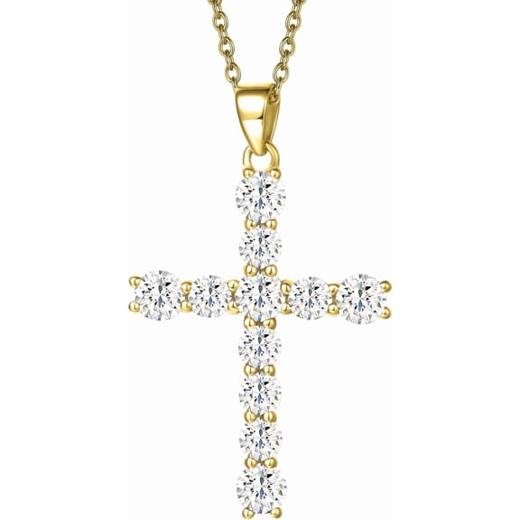 FANCIME Sterling Silver CZ Cubic Zirconia Cross Pendant Necklace for Women, Yellow Gold-Plated with 18" Silver Chain