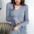thumbnail image 2 of HAPIMO Women's Stretch Knit Tops Slim Fit Cropped Shirts Lightweight Casual Workout Blouses Long Sleeve V Neck Pullover Tops Blue Free Size, 2 of 7