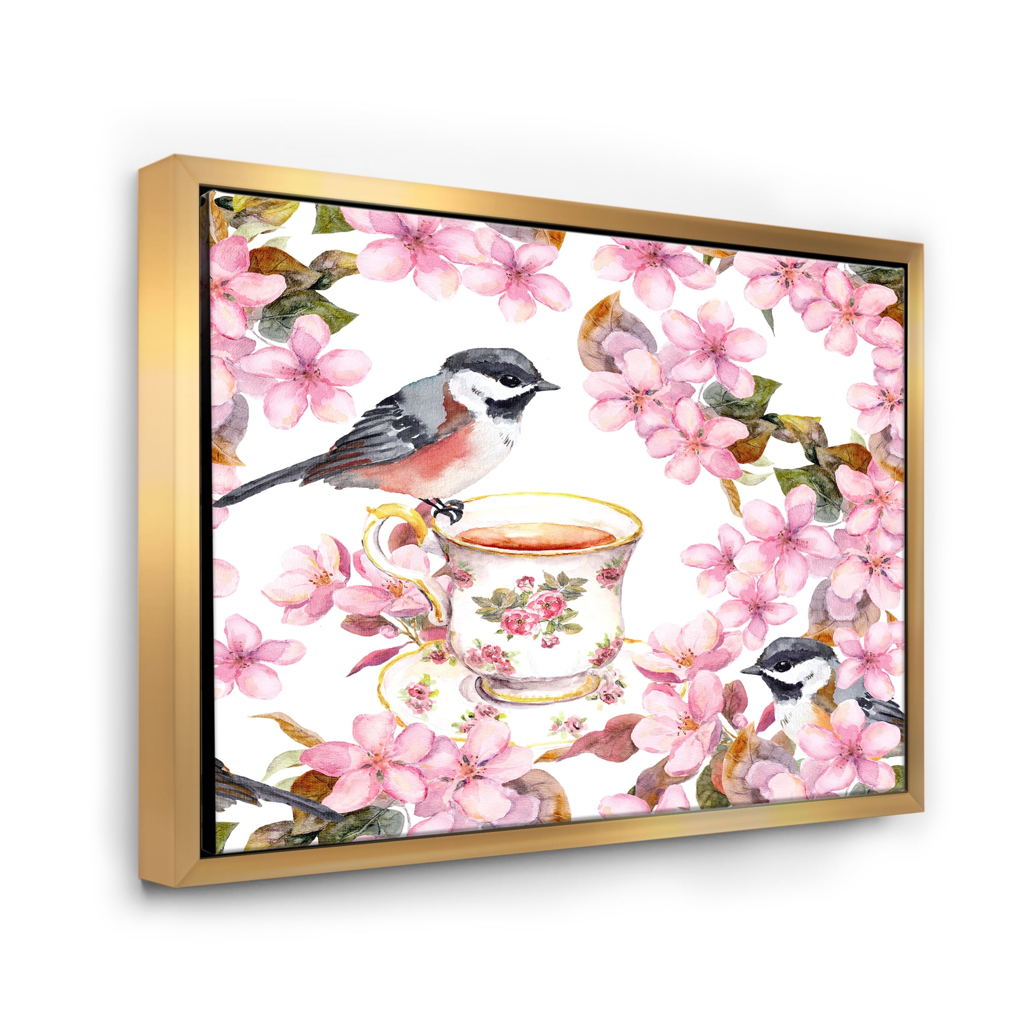 Designart 'Tea Cup Birds and Pink Flowers' Traditional Framed Canvas Wall Art Print
