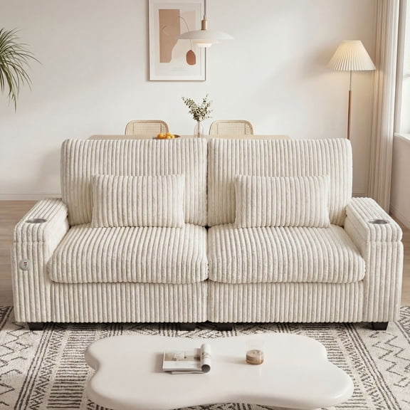 91" Modern Loveseat Sofa for Living Room, Beige Corduroy 2 Seater Sofa with Storage Armrests,Side Pockets,USB Charging & Cup Holders