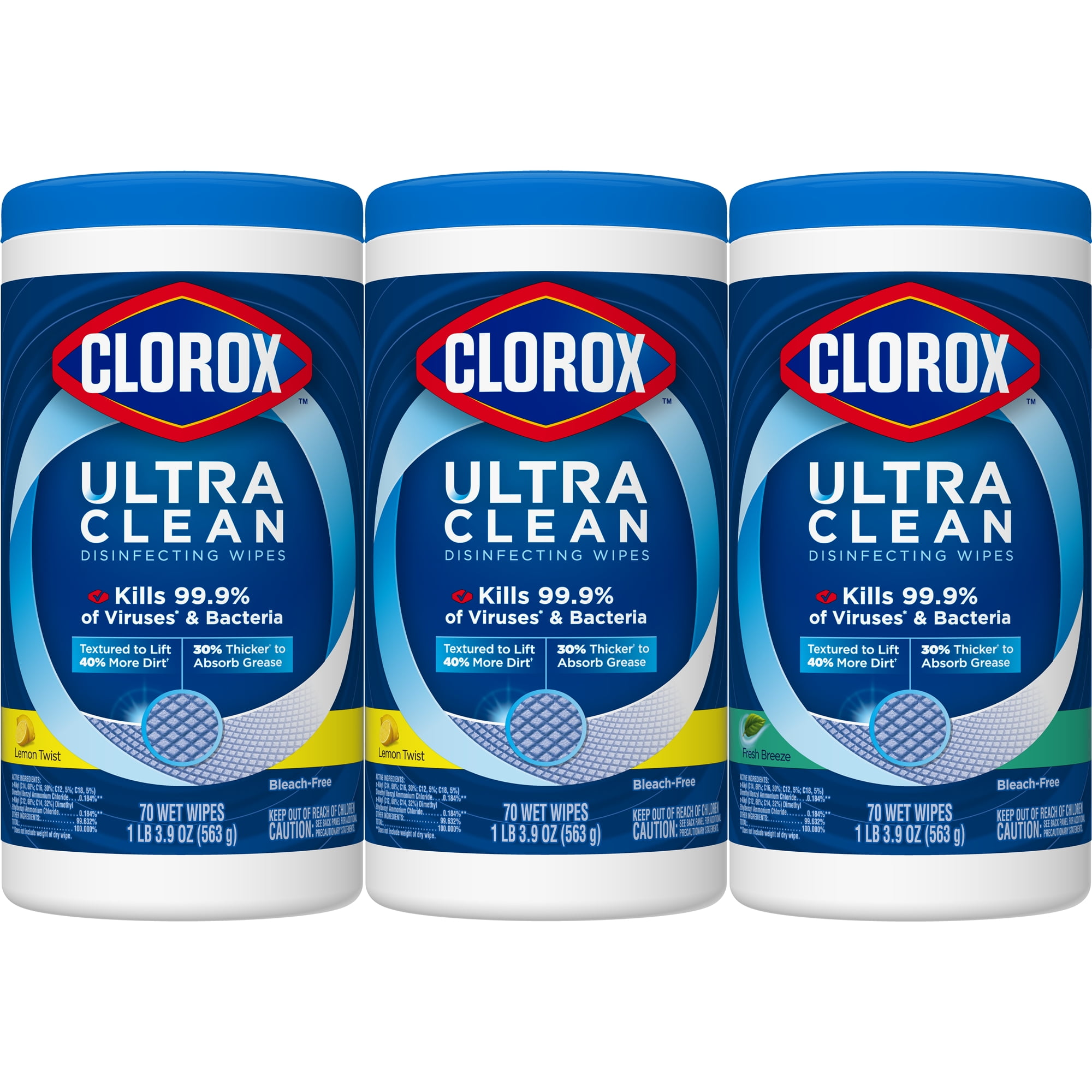 Clorox Ultra Clean Disinfecting Wipes (210 ct Value Pack), 2 Lemon Twist + 1 Fresh Breeze, 70 ct