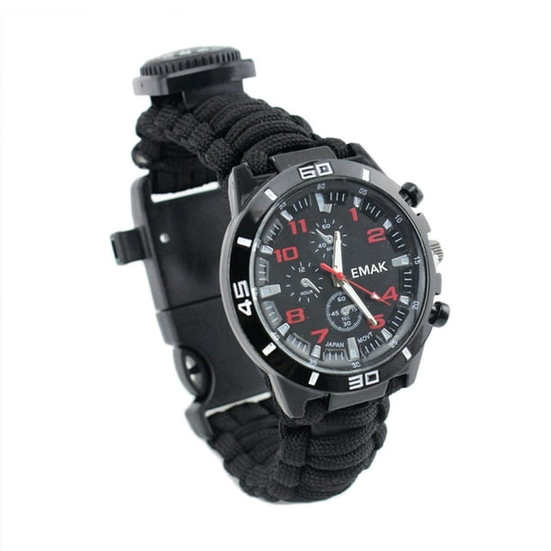 Reloj de supervivencia para acampar al aire libre, pulsera multifuncional, brújula, cuerda, silbato, pulsera de paracord, kit de herramientas
