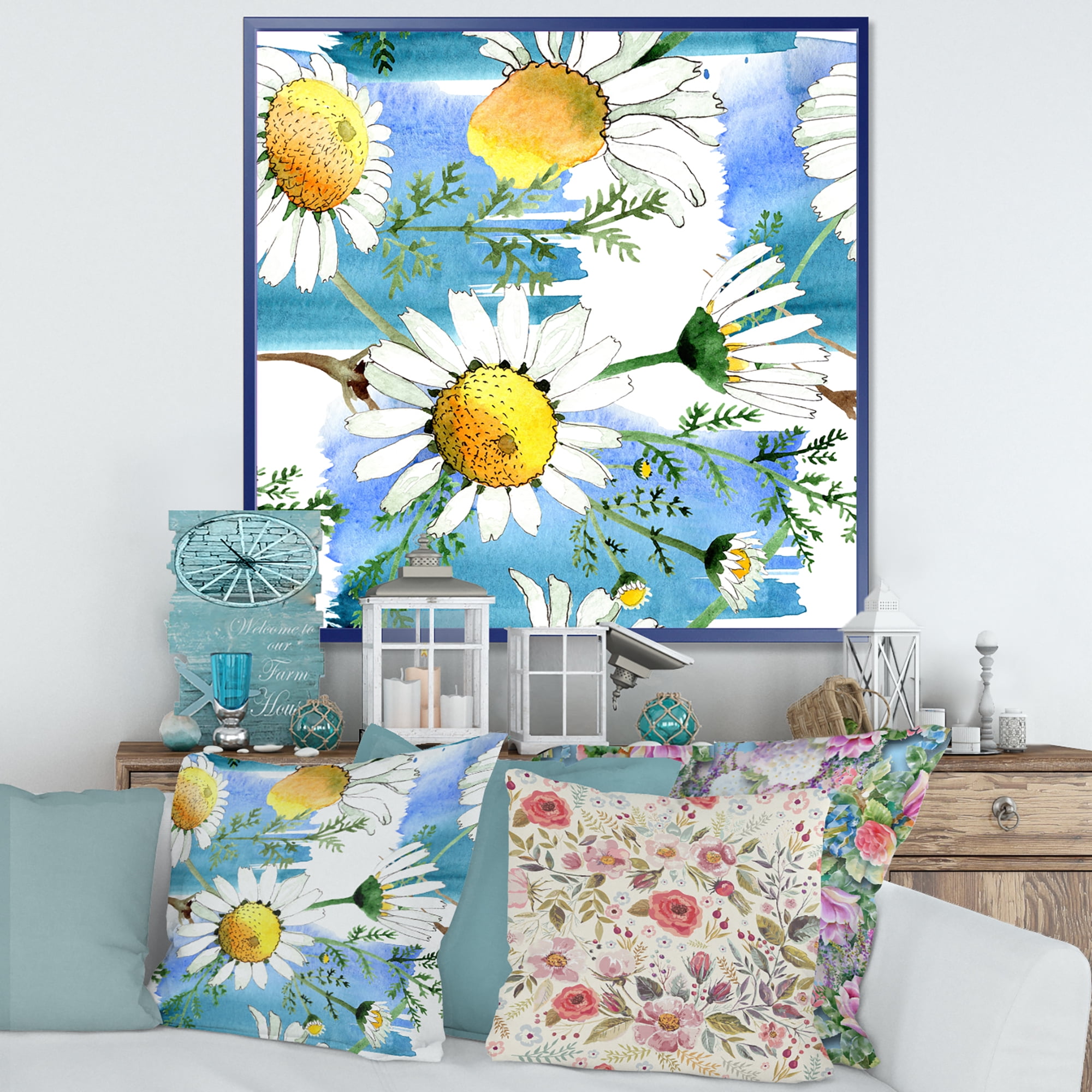 Designart 'Wild Spring White Chamomile Flowers' Traditional Framed Canvas Wall Art Print