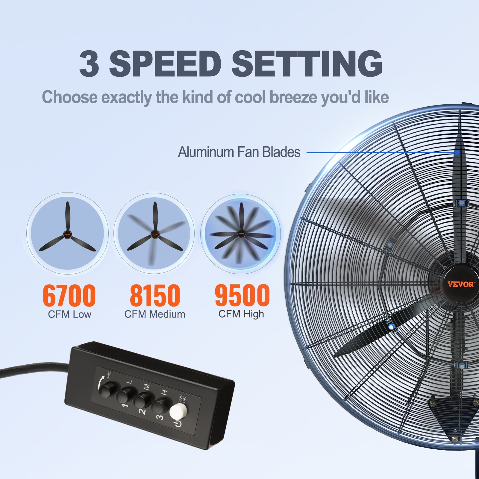 VEVOR Wall-Mount Misting Fan Oscillating Metal Fan 29.5'' 3 Speed Waterproof