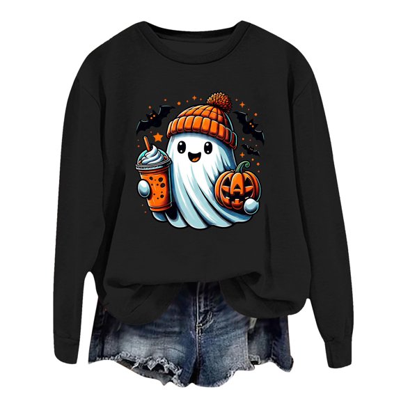 Gunia Womens Halloween Ghost Sweatshirts Graphic Oversized Sweatshirts Crewneck Long Sleeve Pullover Tops Fall Fashion Clothes Black S-2Xl