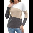 thumbnail image 3 of Blusas de Bloque de Color para Mujer, Estilo Túnica Informal de Larga con Cuello Redondo, Tipo Jersey. Caqui XL, 3 of 8