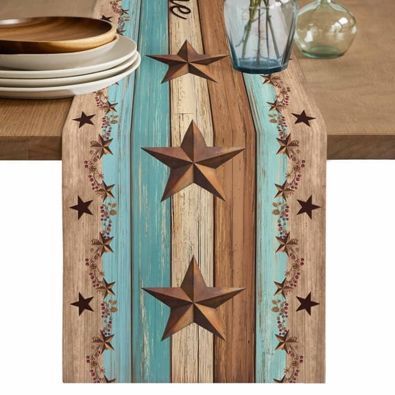 Table Runner 90 Inches Long for Kitchen Dining, Western Texas Star Vintage Dresser Scarf Farmhouse, Dining Table Decorations for Wedding/Parties, Retro Farmhouse Turquoise Brown Wood 13 x 90 In