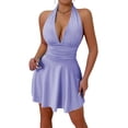 thumbnail image 1 of JGGSPWM Womens Halter Dress Deep V Backless Flowy Adjustable Tie Neck Dress Ruffle Hem Club Party Mini Dresses Purple M, 1 of 5