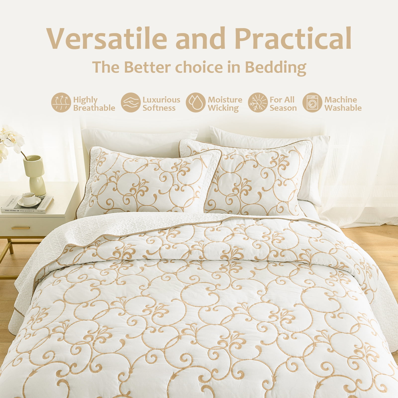 DUOHONG King Bedspread 120"W x 120"L - 100% Cotton Reversible Lightweight Oversized Quilt with 2 Pillow Shams, Beige/White