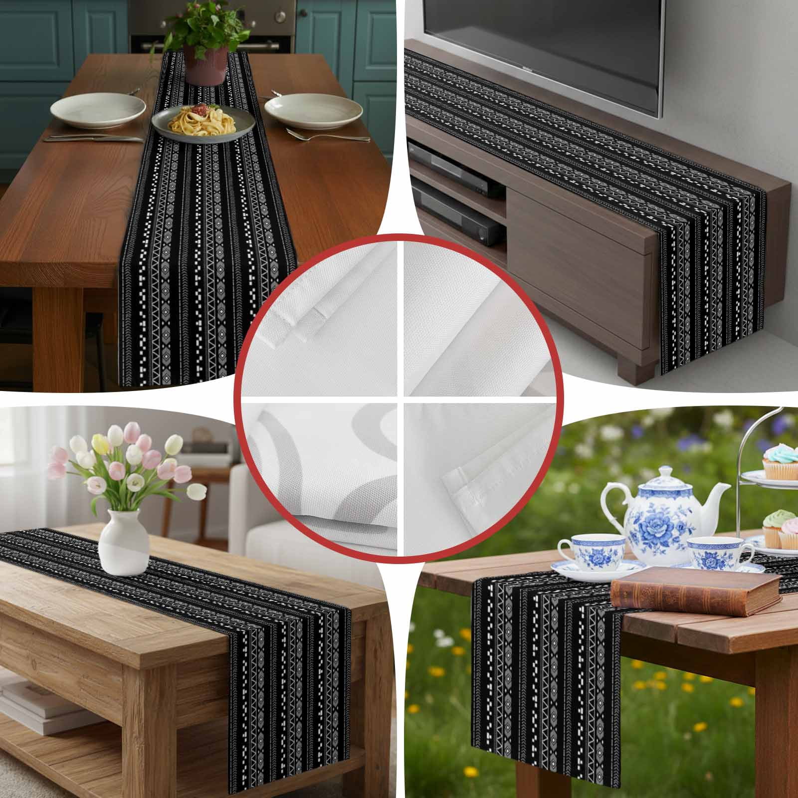 Lines Stripe Diamond Triangle on Black Table Runner 90 Inches Long, Ethnic Tribal Pattern Table Runners Tabletop Scarf Kitchen Dining Tables Decoration for Home Party Indoor Outdoor