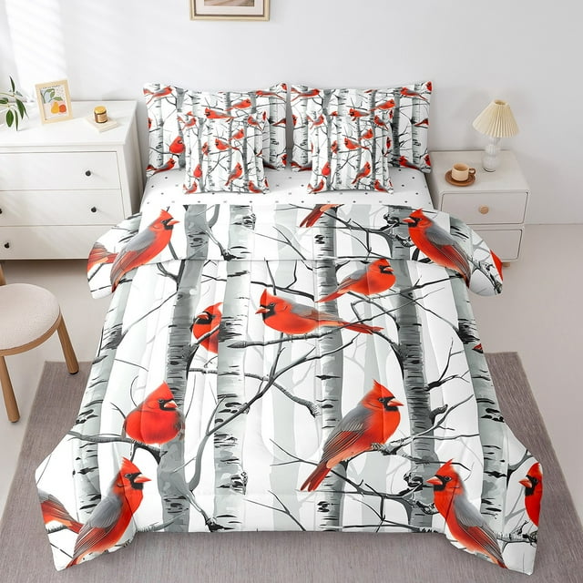 Erosebridal Cardinal Bird Bedding Sets Queen Size, Birch Branches Comforter Sets with Sheets, Microfiber