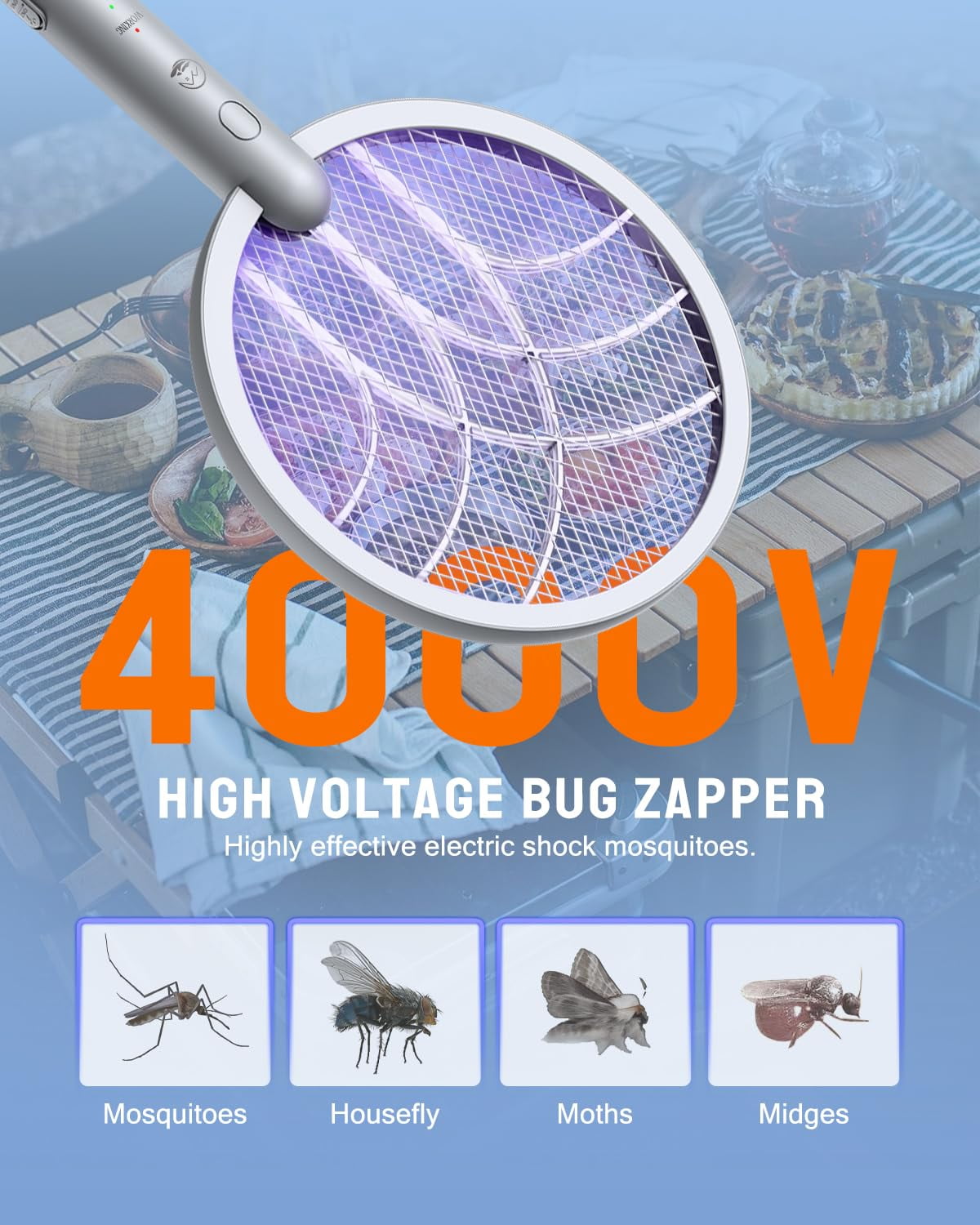 Esemoil Electric Fly Swatter Racket, 2 in 1 Smart Bug Zapper with USB Rechargeable Base, Powerful Mosquitoes Trap Lamp & Fly Killer with 3-Layer Safety Mesh for Home, Bedroom, Kitchen, Patio（1 Pack）