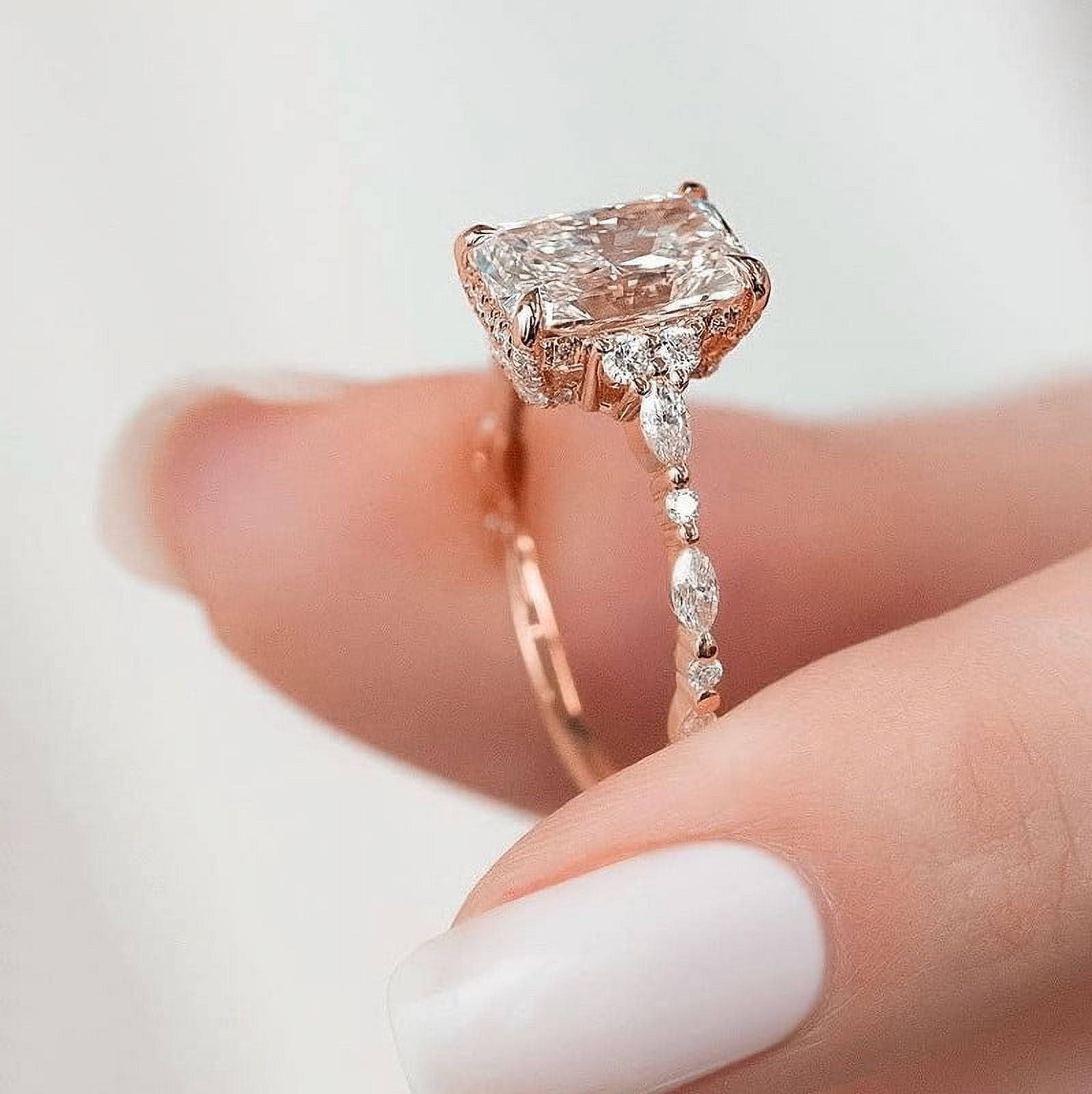 solitaire jewels 3CT Radiant Moissanite Hidden Halo Engagement Ring For Women, 10K Rose Gold