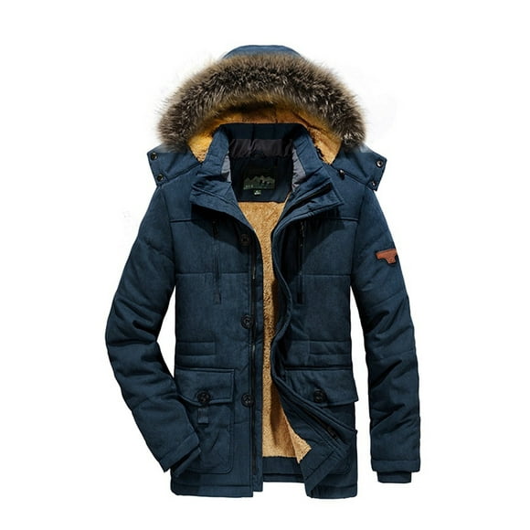 Bellella Men Winter Warm Coat Long Sleeve Thicken Jacket Zipper Hooded Parkas Business Fleece Lined Outwear Mens Sapphire Blue L