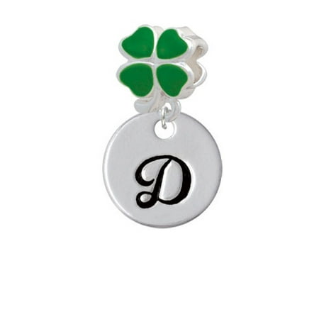 large script letter d 3 4 disc green four leaf clover charm