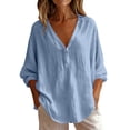 thumbnail image 3 of VBVC Women's Cotton Linen V Neck Button Blouse, Ladies' Loose Fit Long Sleeve Top, Casual Work Office Tunic Shirt For Women, Blue , S-2XL, 3 of 7