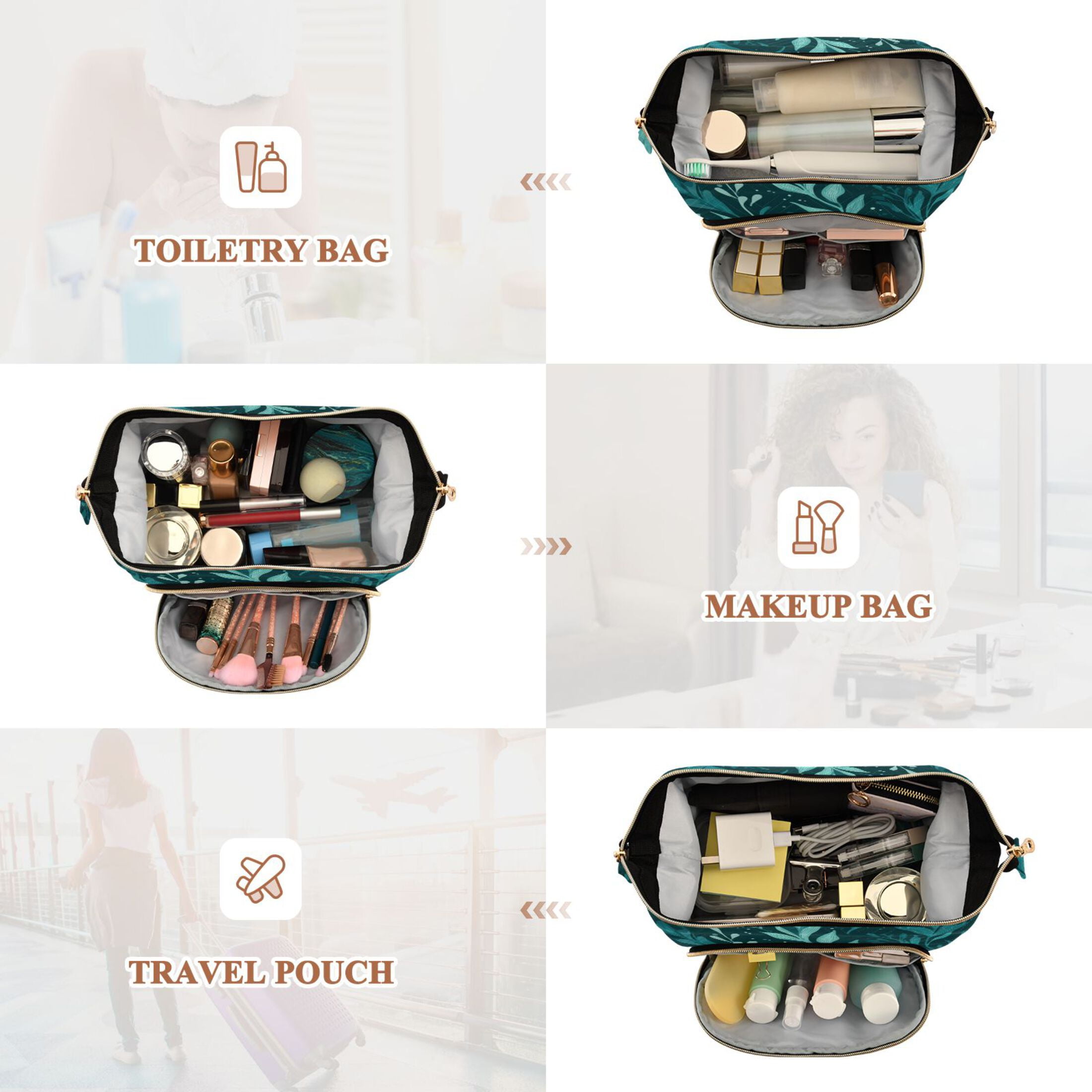 Wavy Quilted Cosmetic Bag Large-Capacity Travel Toiletry Organizer Includes 9-Piece Portable Travel Bottle Set Dark Green Seaweed