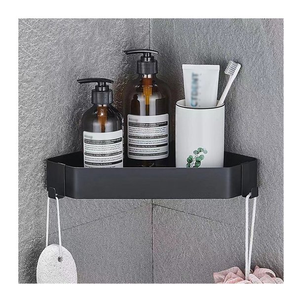 Estante de baño de esquina, organizador de ducha de esquina de pared, sin taladro, de acero inoxidable 304, con 2 ganchos