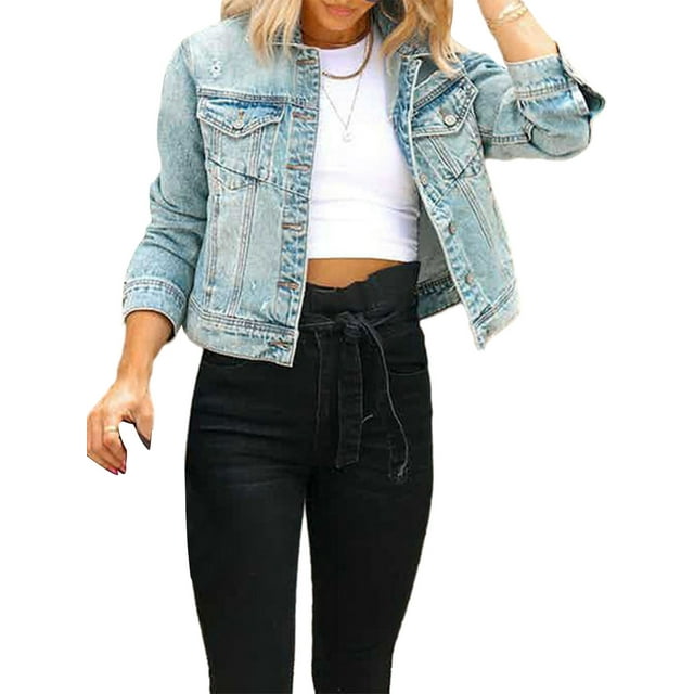 Nituyy Women Short Washed Denim Jacket Ripped Turn-Down Collar Long Sleeve Button-Down Jeans Jacket Fall Coat Outerwear