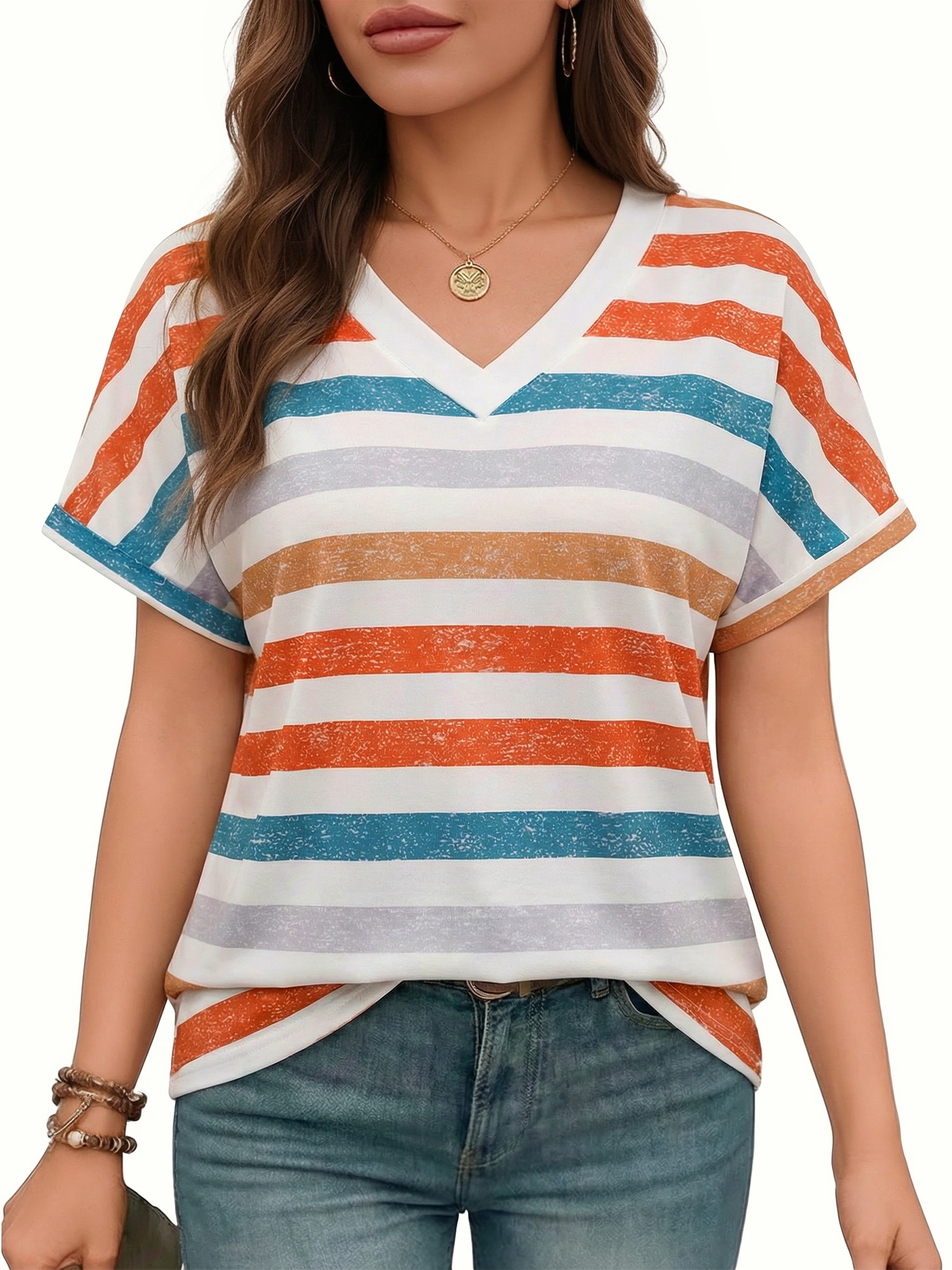 MOYIKO Womens Summer Tops Short Dolman Sleeve T Shirts V Neck Striped Loose Fit Casual Trendy Tees
