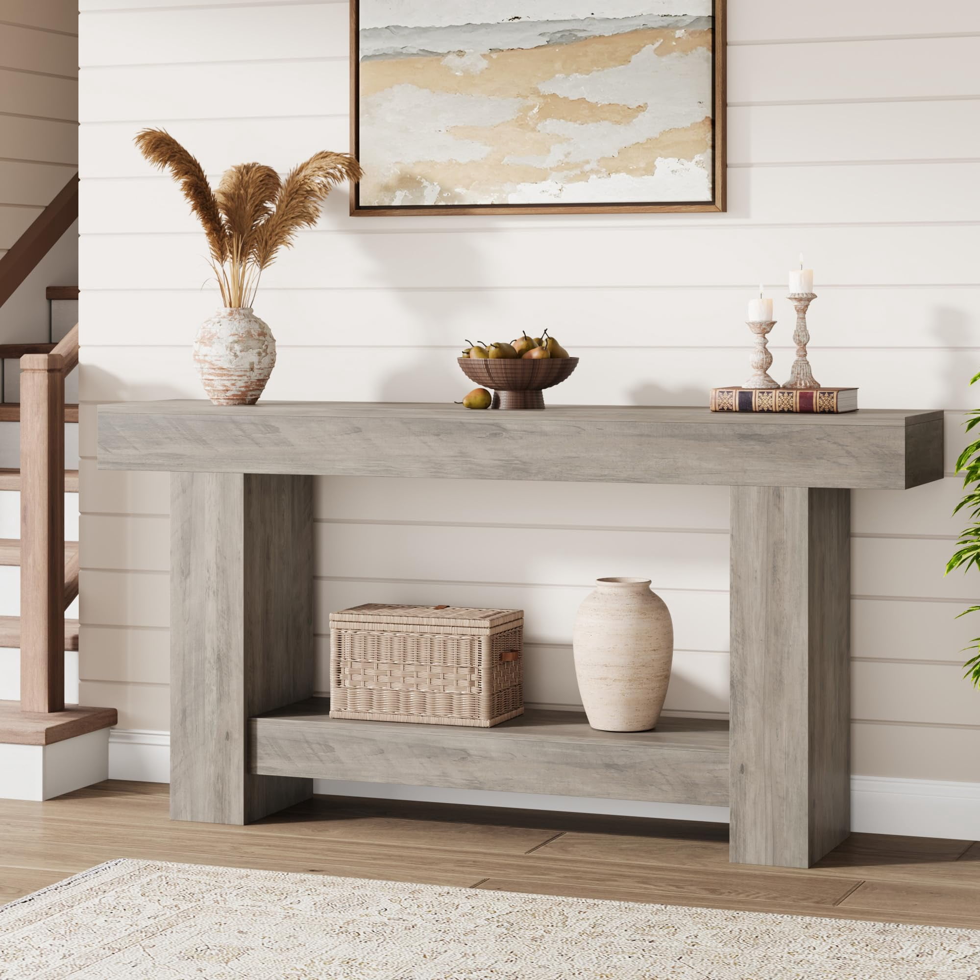 63'' Long Console Table, 2-Tier Narrow Entryway Table Sofa Table with Storage, Farmhouse Wood Behind Couch Table for Living Room, Hallway, Gray