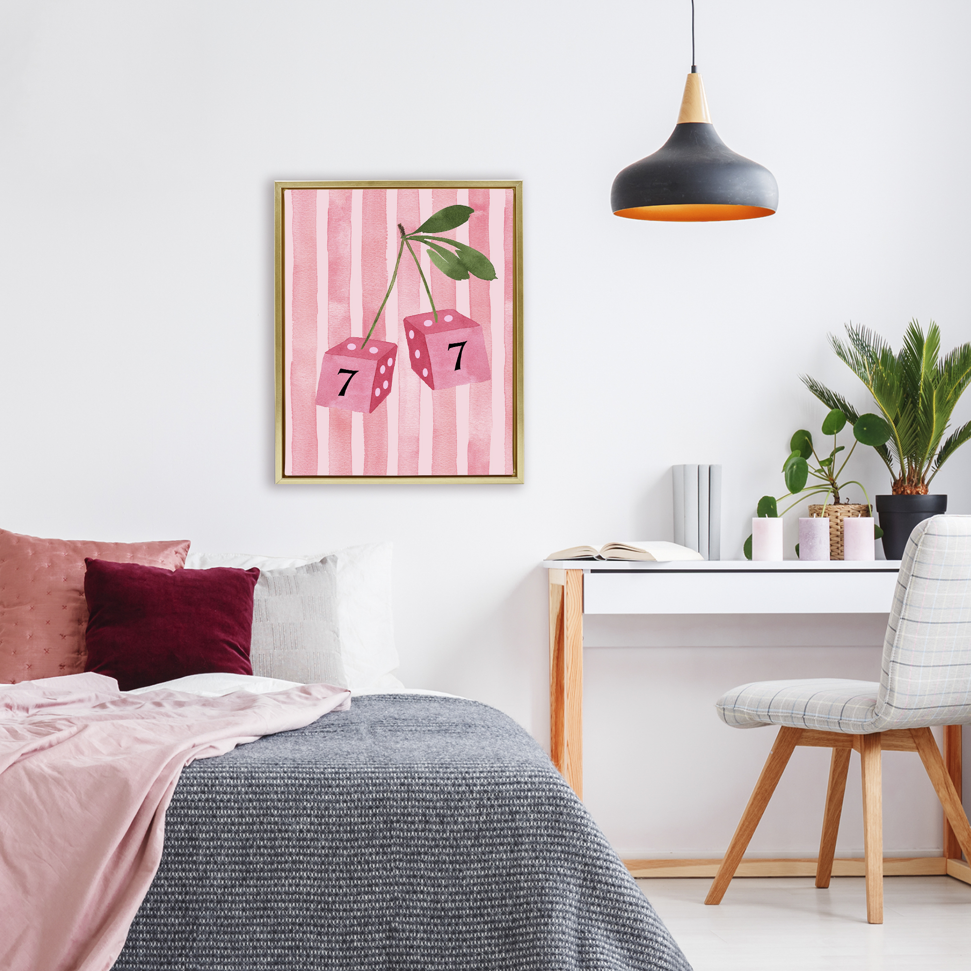Lucky Number 7 Cherry Dice Gold Framed Floater Canvas Wall Art, design by Nina Jacobs