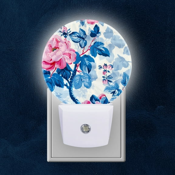 Night Light Plug into Wall,Dusk to Dawn Sensor Auto-On/Off for Bathroom, Hallway,Kids Room-Blue And Pink Floral Patterned With White Background