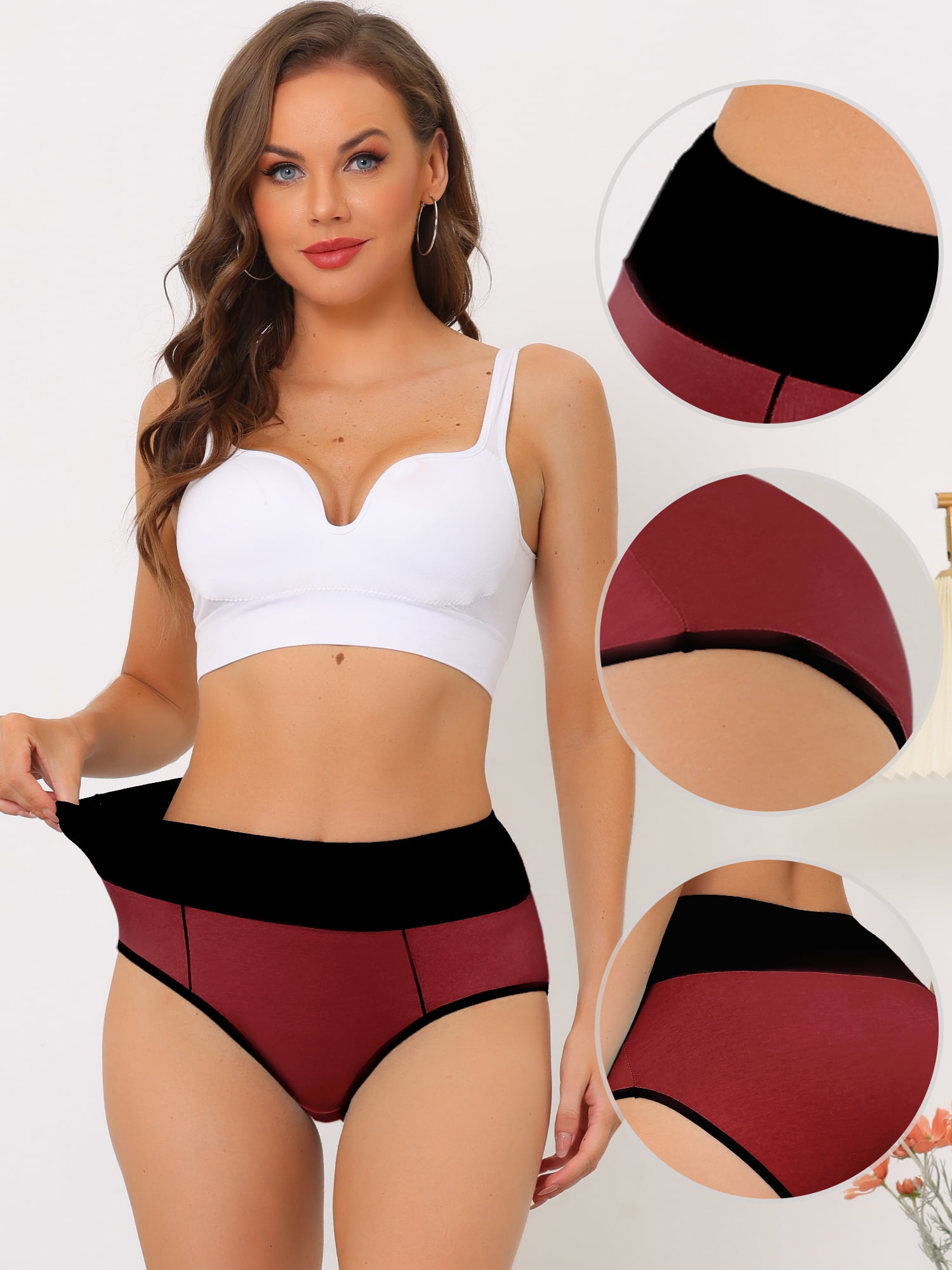 DARING DIVA Women's Tummy Control Color-Block Brief Panties L Burgundy