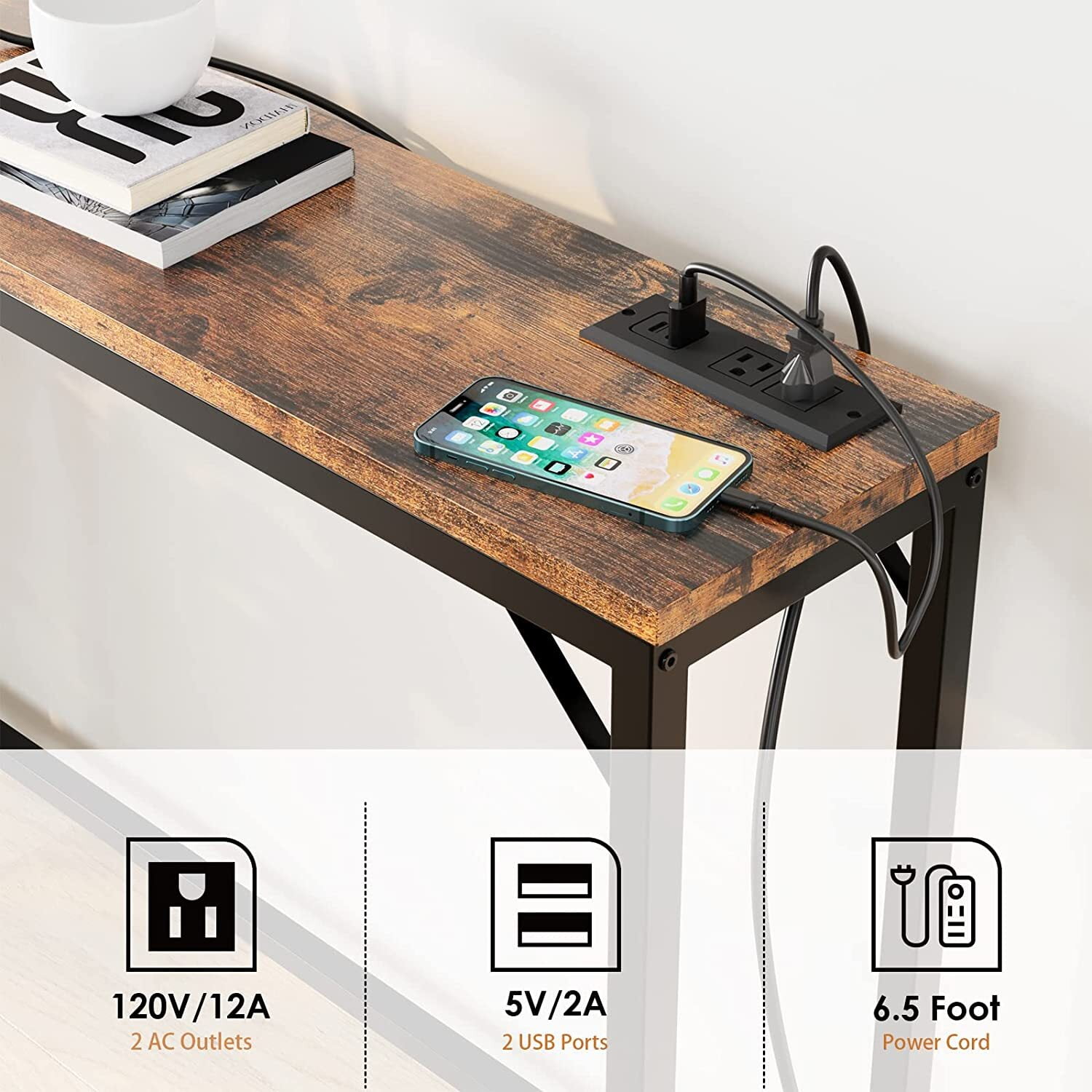 HOSSLLY Console Table with Outlets, Sofa Table with Charging Station, Industrial Entryway Table Foyer Table for Entryway, Front Hall, Hallway, Sofa, Couch, Living Room,Kitchen, Rustic Brown
