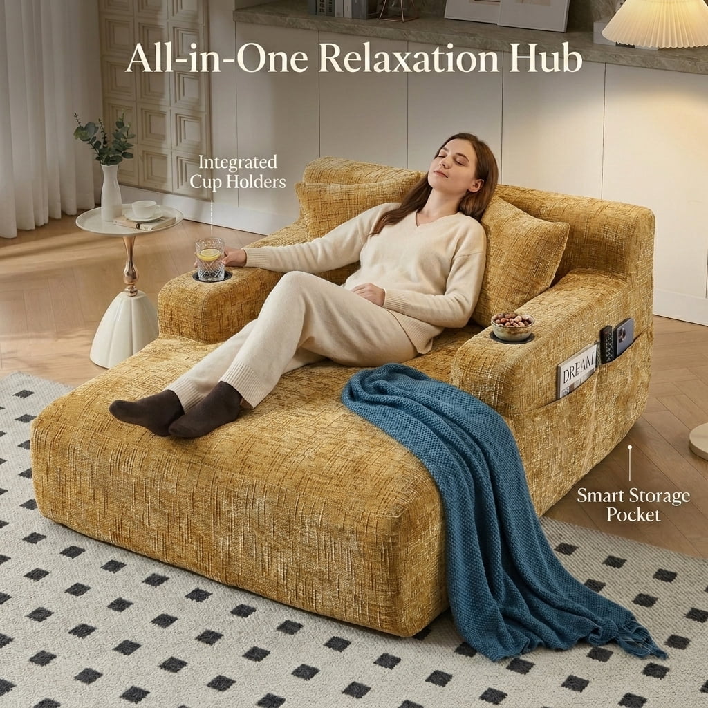 MOONMISS Chenille Chaise Lounge Chair Indoor, Single Sleeper Sofa Chair with Pillows & Cup Holders, Comfy Compression Sofa Bed for Living Room, Bedroom