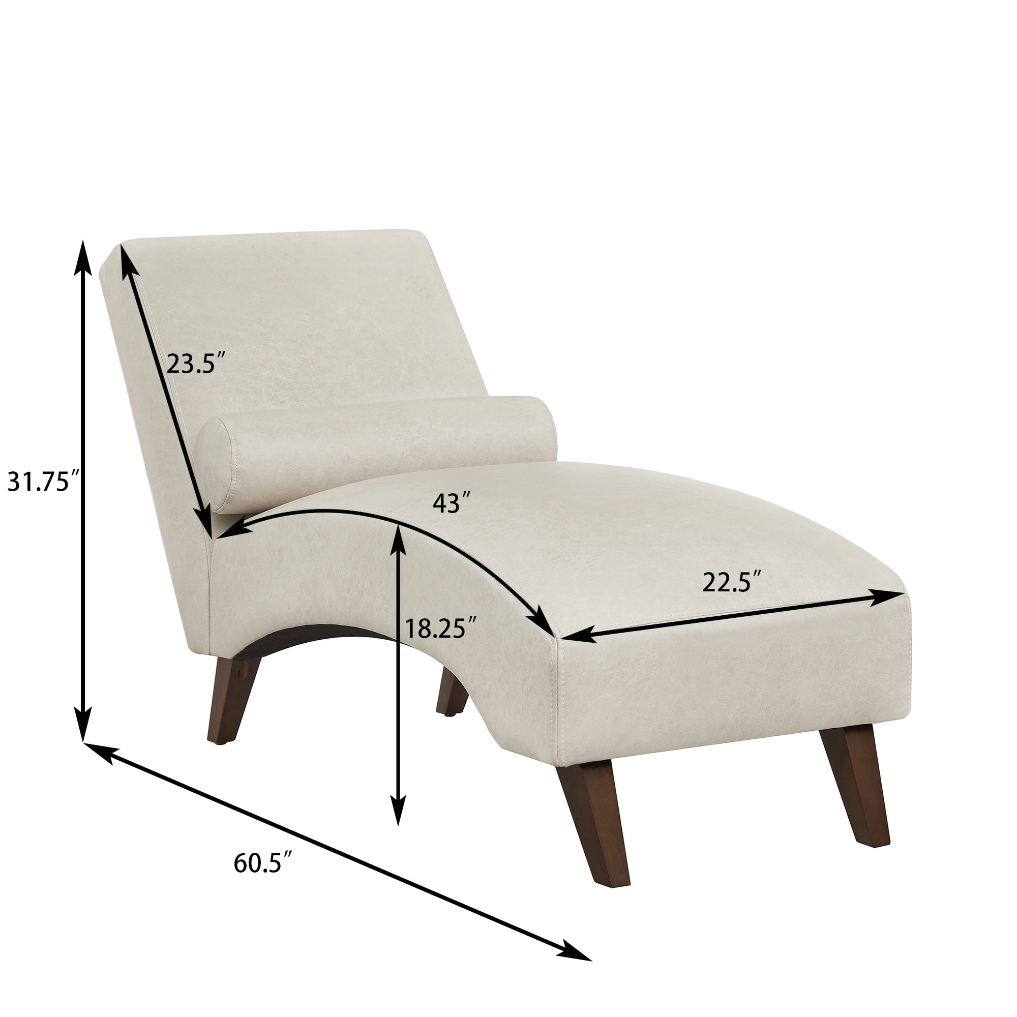 Leumius Chaise Lounge Chair with Bolster Pillow, Upholstered in Premium Tech Fabric, Mid-Century Modern Curved Lounger for Living Room, Bedroom and Reading Nook Beige