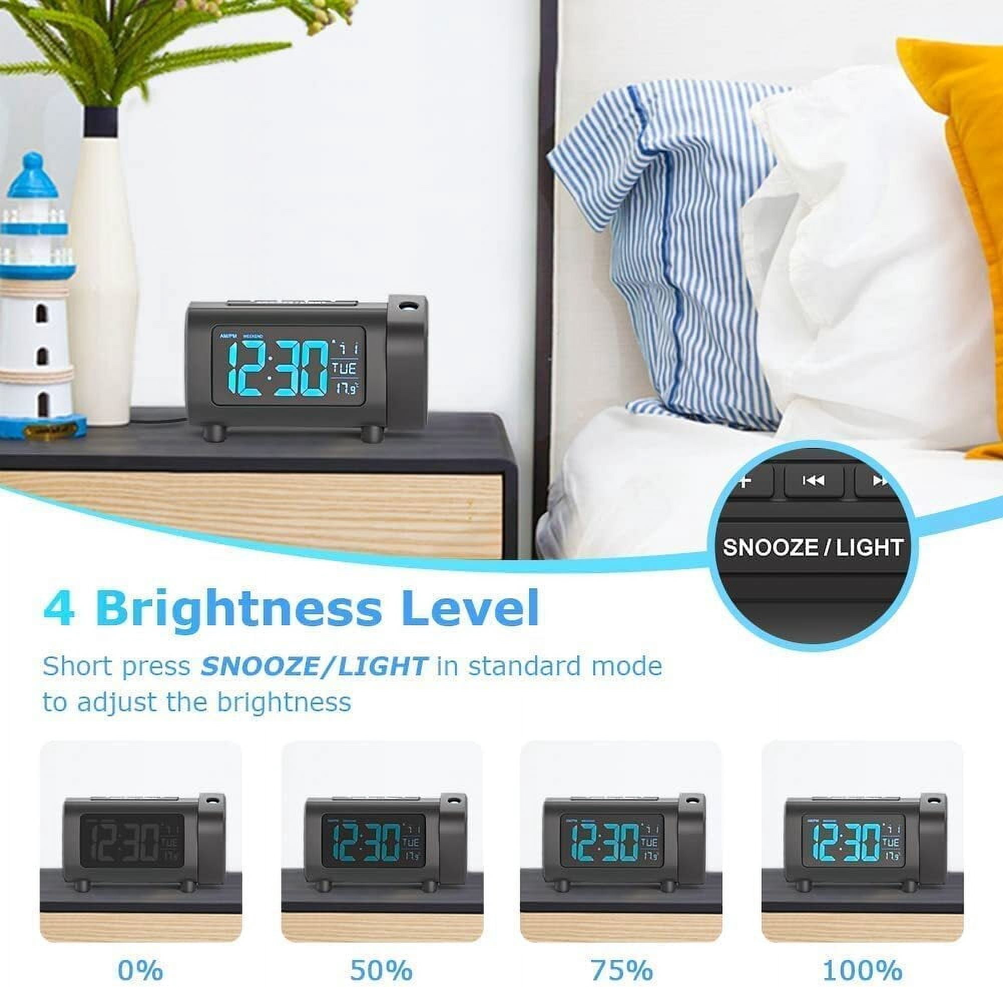 VOCOO Projection Alarm Clock, LED Display Radio Alarm Clock with USB Charger Port, 180° Projector and 4 Dimmer Settings