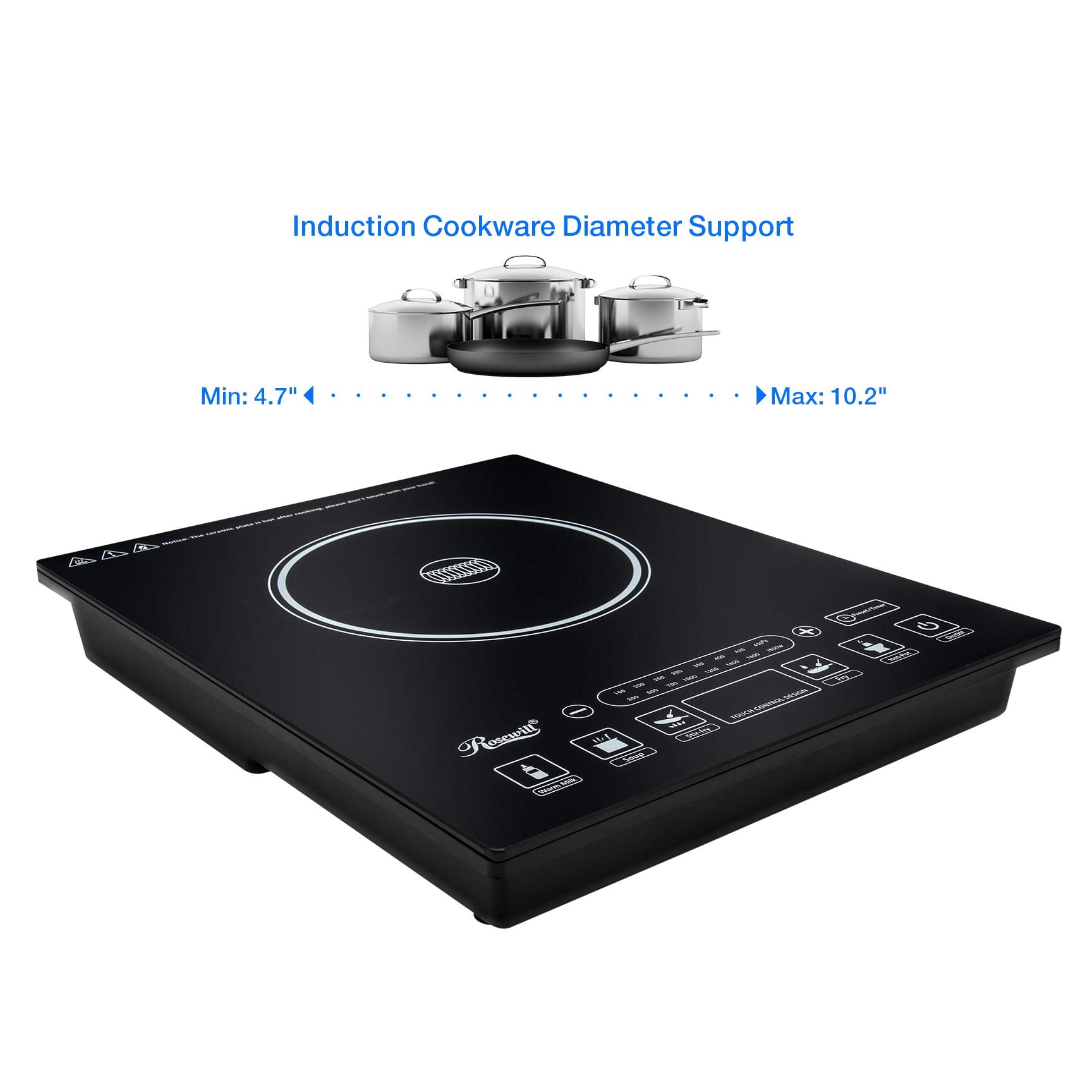 Rosewill 1800W Portal Induction Cooktop Burner | Large Digital Screen Display | 1800 Watt | 5 Pre-Programmed Cooktop Settings | Stainless Steel Pot Included | 10" 3.5 QT - RHAI-15001