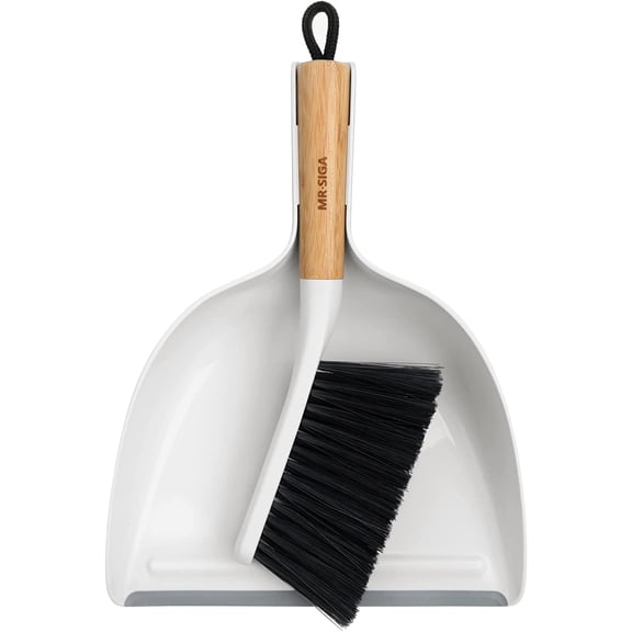 Dustpan and Brush Set, Portable Cleaning Brush and Dustpan Combo with Bamboo Handle, White, 1 Set