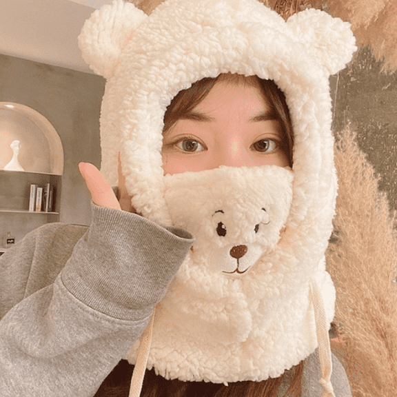 New Cute Bear Ear Plush Hat Scarf Face Mask Set Winter Women Beanies Cap Baby Thick Warm Hood Cap Outdoor Windproof Hats