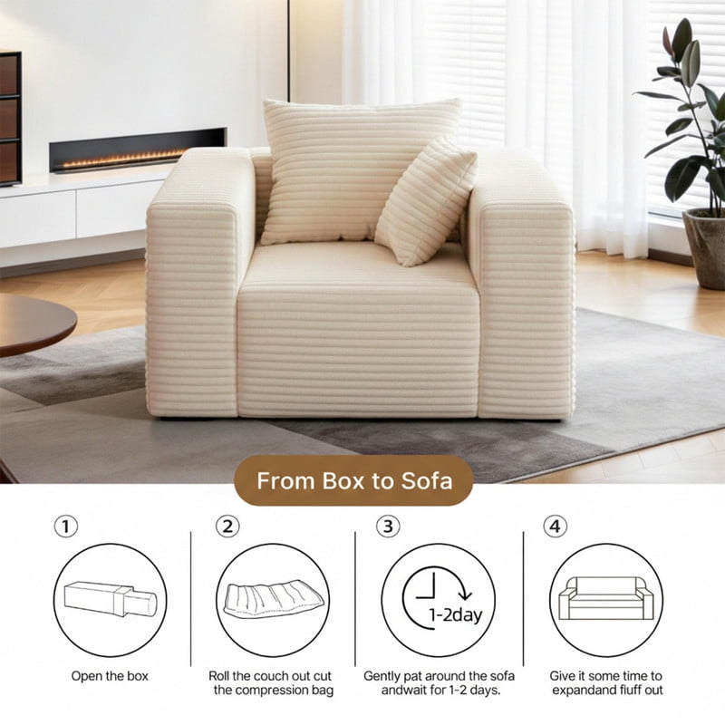 1Pcs Boneless Upholstered Sofa Chair, No Assembly Single Couch, Memory Foam Reading Armchair with Throw Pillow