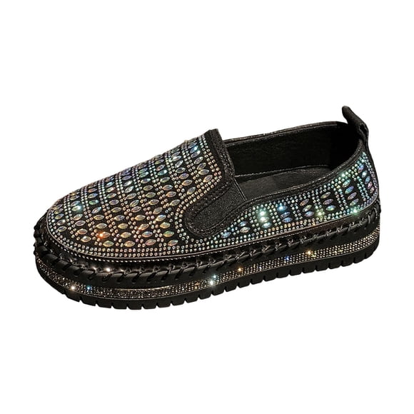 Women Sparkling Round Toe Slip on Casual Shoes Rhinestone Decor PU Upper Flat Heel Comfort Lightweight Walking Shoes for Daily Wear Parties