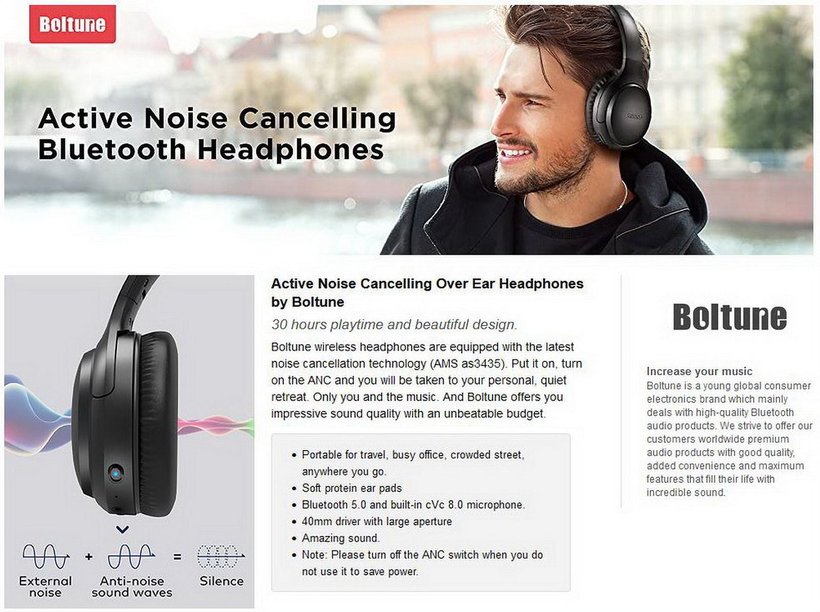 Boltune BH010 Bluetooth Grey Wireless Active Noise Cancelling Headphones SB14 GR