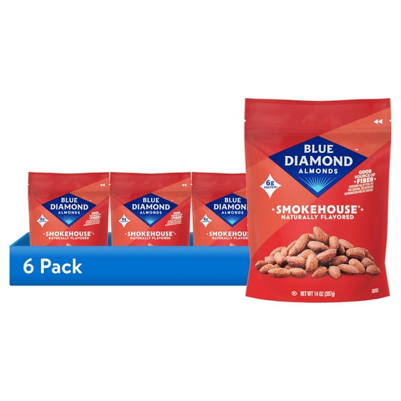 (6 pack) Blue Diamond Almonds, Smokehouse Flavored Snack Nuts Perfect for Snacking, 14oz Resealable Bag