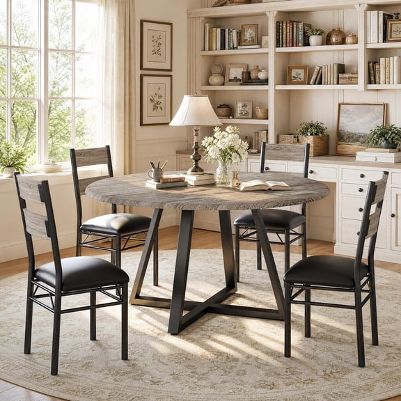 Garvee 5-Piece Round Kitchen Set for 4 – Rustic Gray Wood Dining Table & Upholstered Chairs, Compact Design for Small Dining Rooms