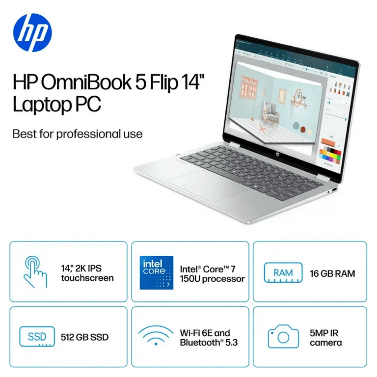 HP OmniBook 5 Flip 14” Full HD+ 2-in-1 Touchscreen Laptop, Intel