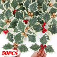 thumbnail image 2 of Guirnalda de hojas verdes de bayas de acebo de Navidad, flor Artificial, bayas rojas, adornos de árbol de Navidad, decoración de fiesta de boda, regalos de bricolaje, 2 of 4