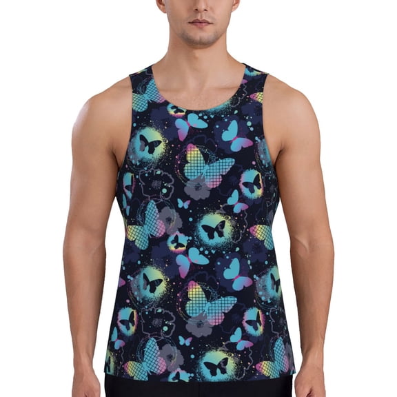 Logiee Blue Butterfly Print Men's Workout Tank Top,Quick Dry Workout Tank Top,Gym Muscle Tee,Fitness Bodybuilding Sleeveless T Shirt-Small