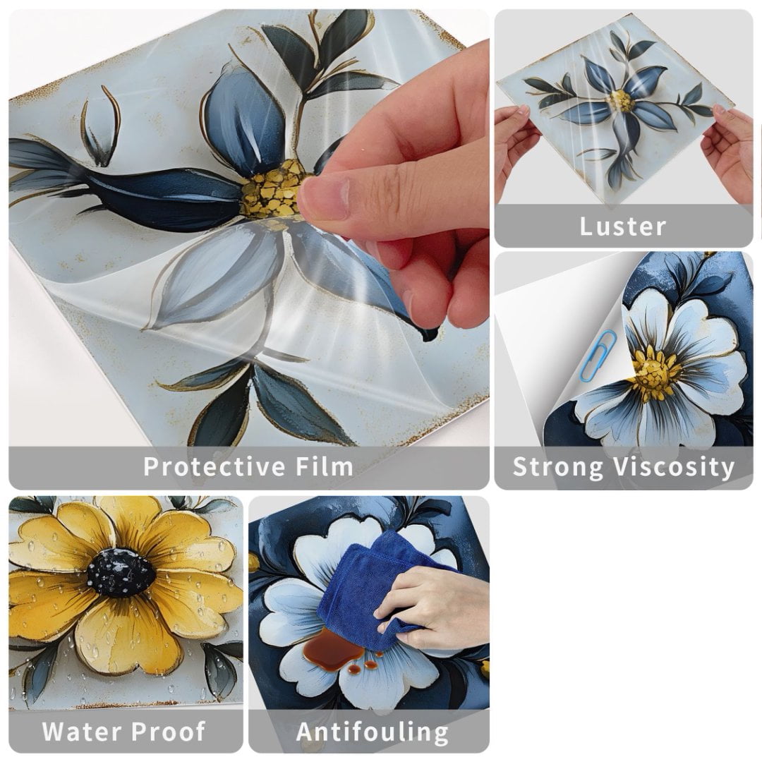 24 Piece Self Adhesive Tiles Stickers Wall Decals 8 x 8in Waterproof Kitchen Backsplash Multicolour Flowers Pattern DIY Decor Peel and Stick Tile Mural