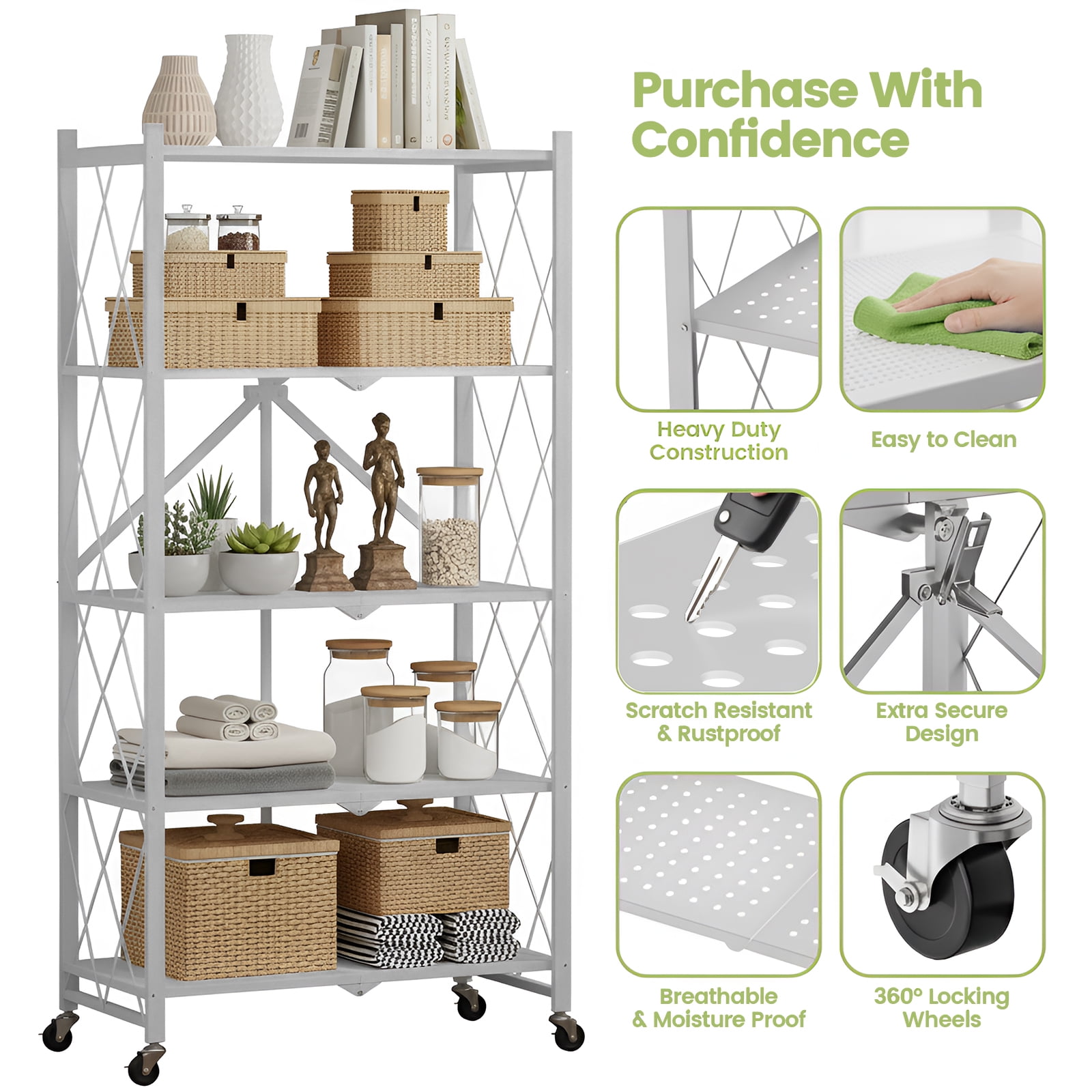 Foldable Shelves with Wheels, 5-Shelf Folding Metal Rack Organizer for Kitchen Garage Basement, Large Capacity Rolling Storage Shelf, Easy Fold & Roll, Gray