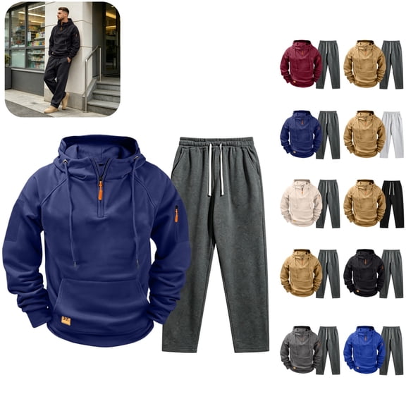 Cargo Sweatsuit 2 Piece Set for Men Quarter Zip Hoodie and Sweatpants Set Joggers Outfit winter Vintage Workout Running Active Tracksuits with Pockets Navy 3XL