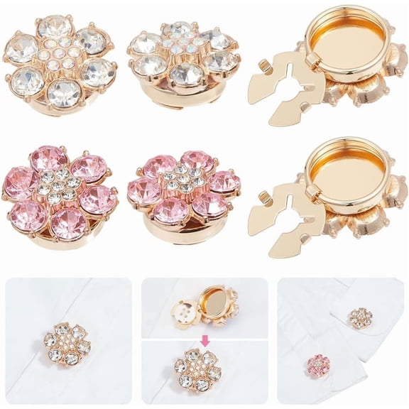 4 Pcs Rhinestone Buttons Covers 2 Colors Detachable Shirt Button Covers Sleeve Buttons Cover with Brass Findings for DIY Women Blouses Shirts Clothes DIY Decoration 0.95x0.91 inch